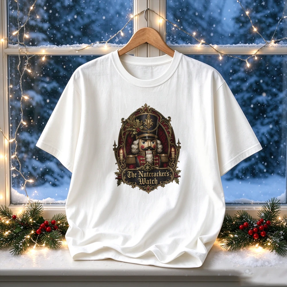 The Nutcracker's Watch Vintage Ornate Nutcracker Graphic Tee Christmas Antique Frame Candle Print Crew Neck Holiday Ballet Tops