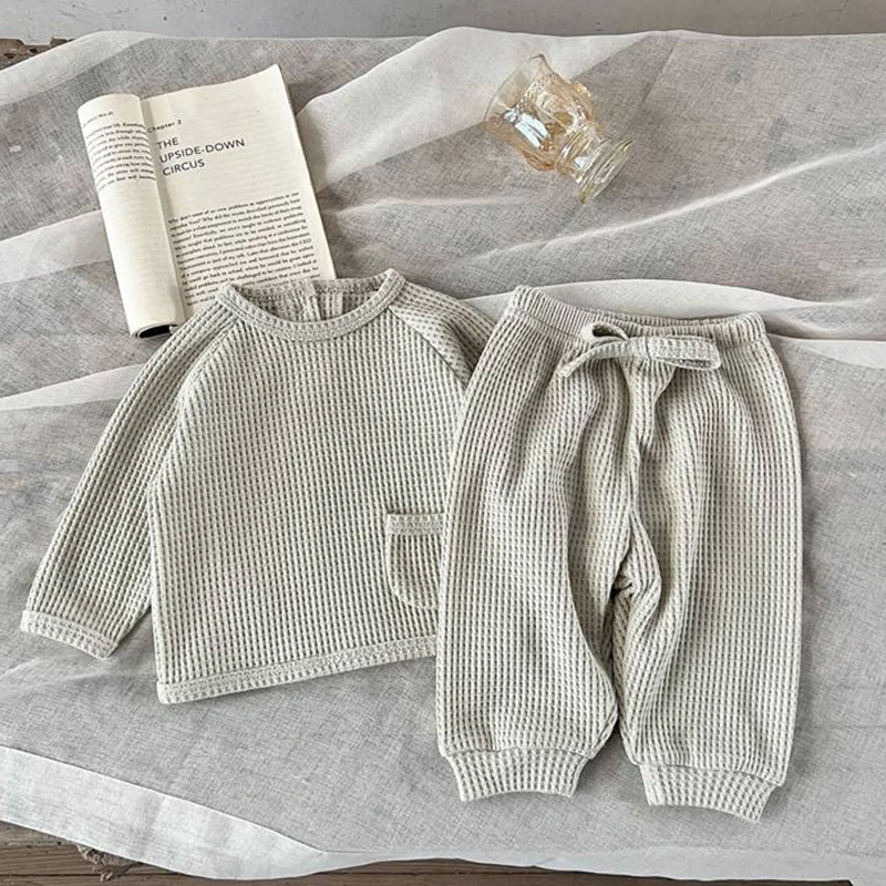 Baby Girl Boy Clothes Newborn Infant Long Sleeve Waffle Fabric Sets Baby Top Pullover and Pant 2Pcs Outsuit Outwear Conjuntos