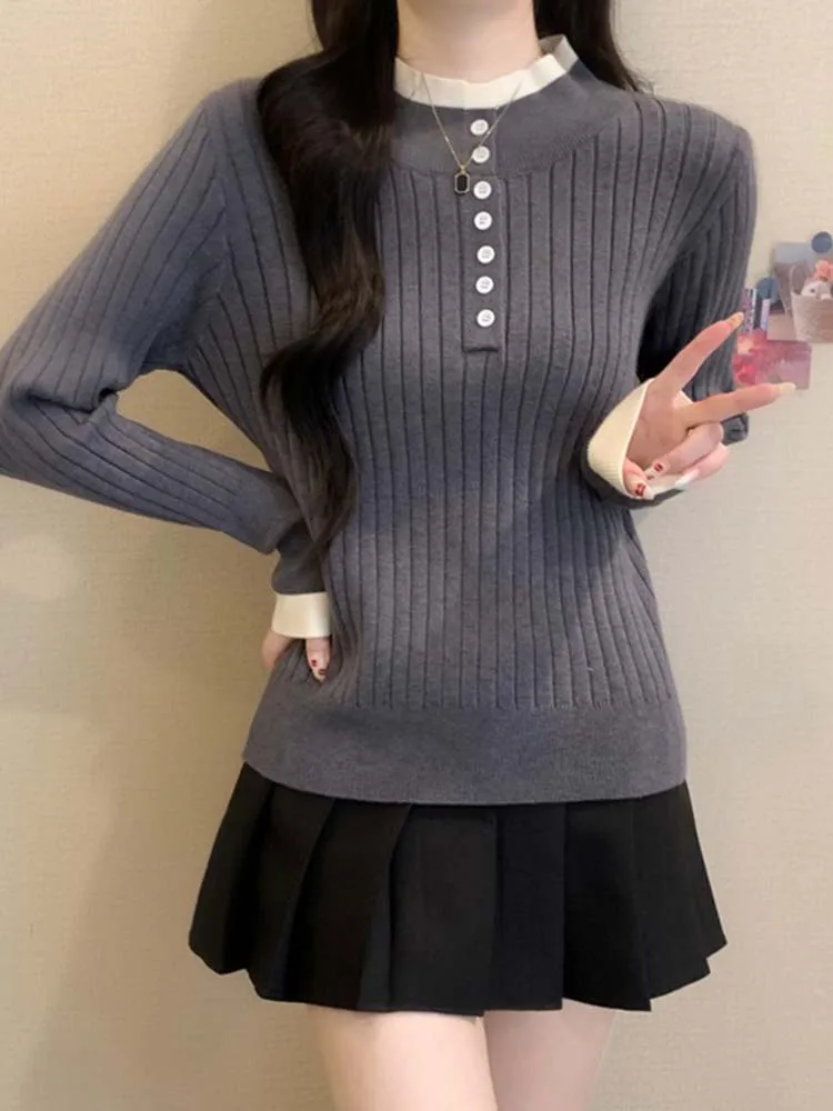 Maglione a Maniche Lunghe Color Blo per Donna, Autunno Inverno, Moda Slim Fit, Strato Base, Top Interno, Stile Coreano