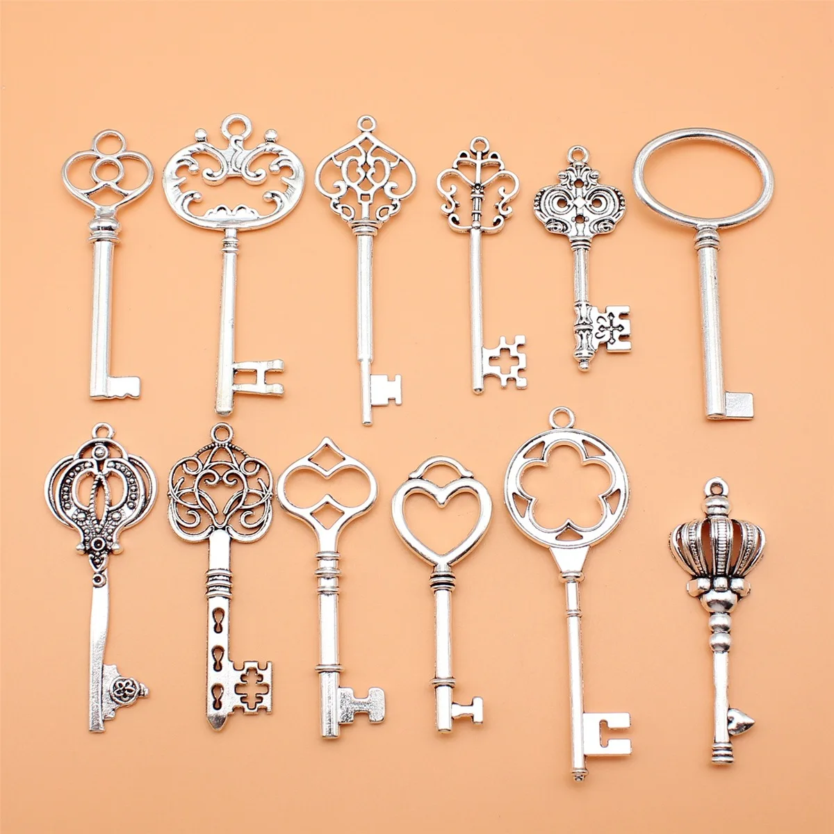 12pcs Antique Silver Color Key Charms Collection For DIY Jewelry Making, 12 Styles, 1 of Each