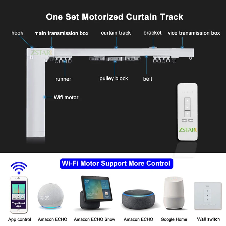 ZSTARR Modernes Design Alexa Smart Metall motorisiertes Vorhangschienen-Set, elektrische Vorhangstangen für Home-Office-Hotels