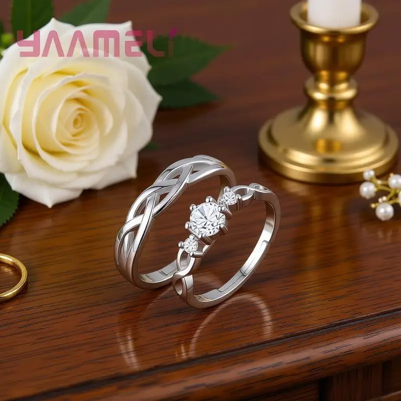 Simple 925 Sterling Silver Wave Hollow Crystal Zircon Couple Rings for Women Men Wedding Party Fashion Jewelry Gift Accessories