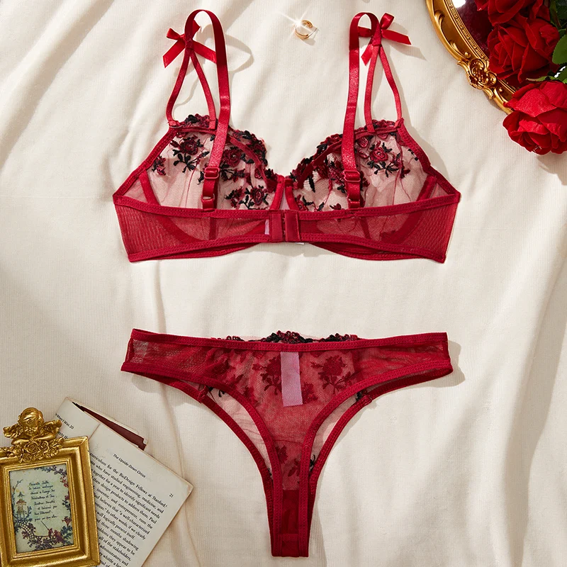 Red Lace Embroidery Floral Ultra-thin Deep V Sexy Lingerie Women Exquisite Transparent Underwear Bra 2 Piece Set Erotic Costumes