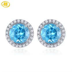 Natural Blue Topaz Sterling Silver Stud Earring 2 Carats Round Faced Deep Blue Topaz Women Classic Fine Jewelrys Top Quality