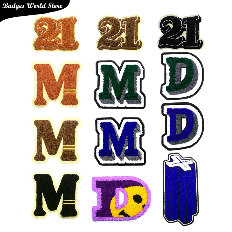 Letter D M X Number 21 Smile Chenille Icon Towel Embroidery Applique Patches For Clothing DIY Iron on Badges on the Backpack