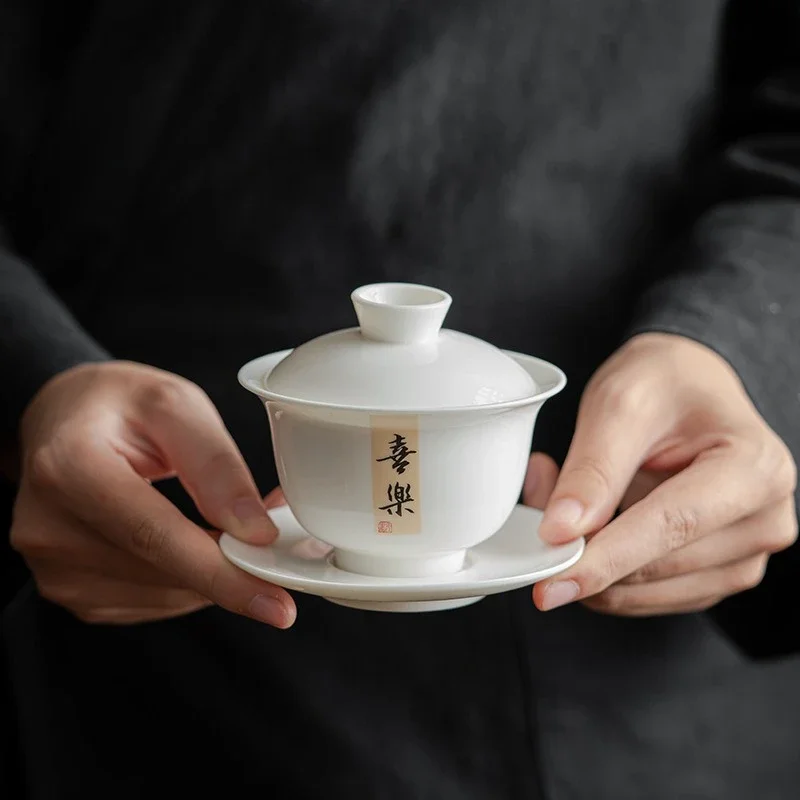 140ML Suet Jade Sancai Cover Bowl Teacup Chinese Dehua White Porcelain Tea Bowl Household Kung Fu Tea Set Gifts Craft Ornaments