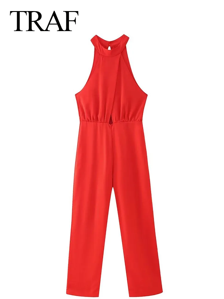 TRAF Women New Fashion Casual Red High Waist Wide Leg Jumpsuit  Elegant Hanging Neck Sleeveless Slim Holiday Playsuit Mujer