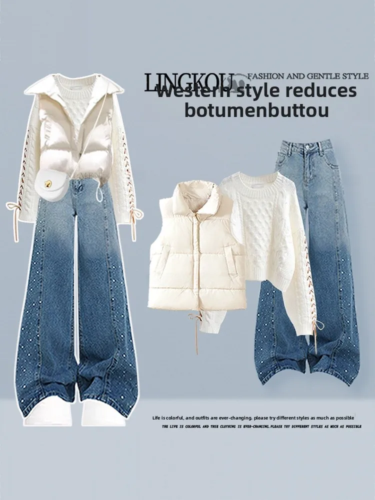 

Anti-Aging Large Size Autumn Winter Korean Sle Women's Knitted Sweater Vest Jeans Tee-Piece Set Casual Faion Ensemble