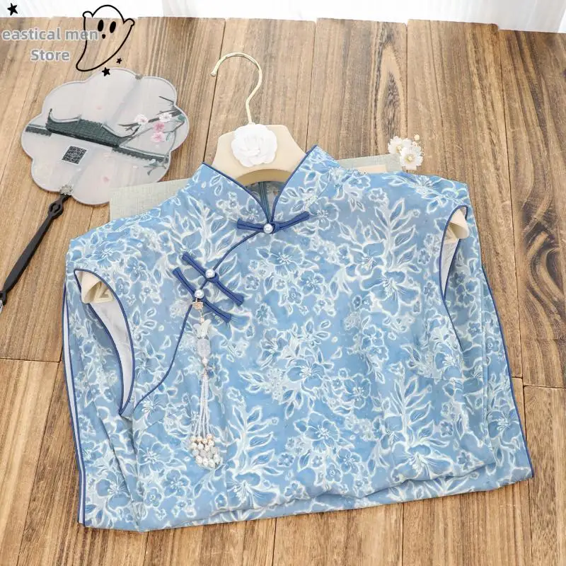 2025 Summer New Blue Qipao Sexy Sleeveless Cheongsam Female Vintage Mandarin Collar Vestidos Robe Dress Princess Chinese Dress