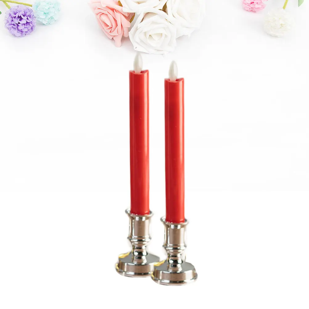 1Pair LED Lamp Electronic Swing Light Long Rod Red Pattern Silver Base Flameless Simulation for Church Home
