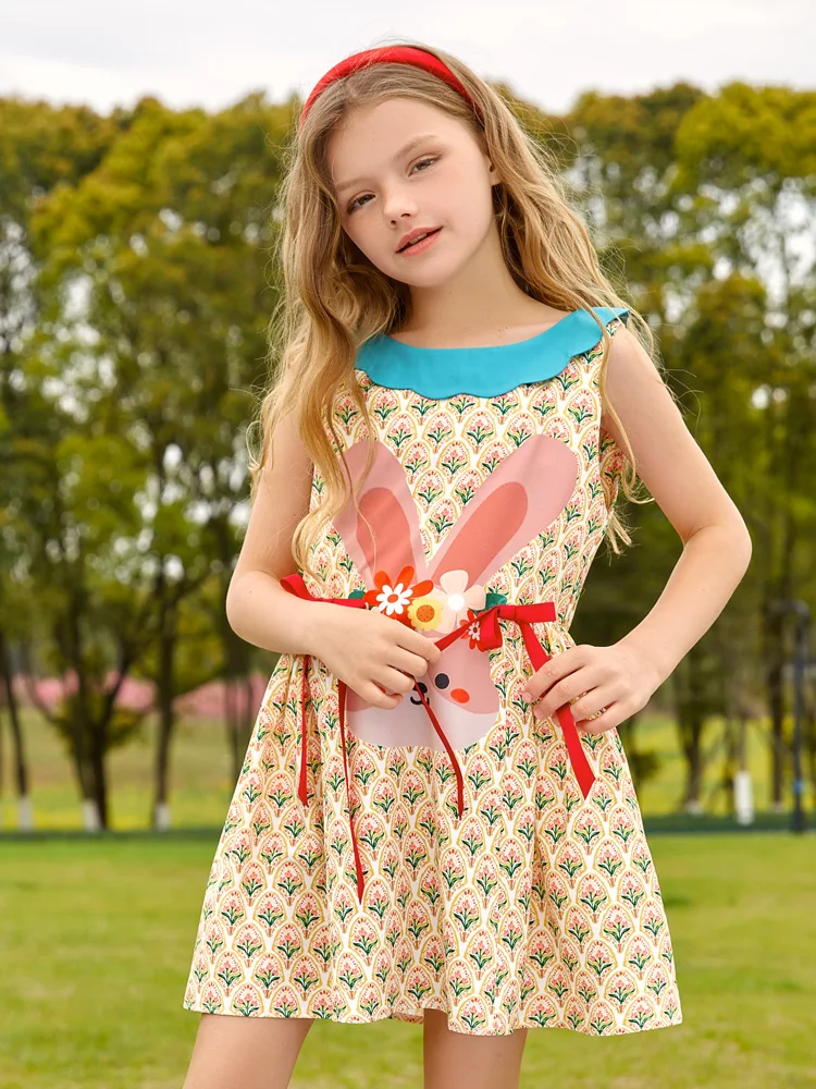 Girl Doll Dress Summer Floral Print and Rabbit Pattern Tank Dress