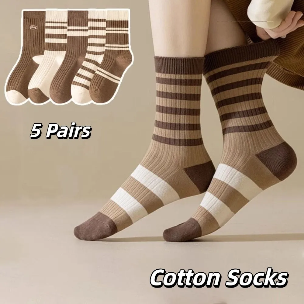 

5Pairs Fashion Retro Women's Cotton Socks Soft Breathable Stripe Tube Socks Thin Hosiery Mid-calf Socks Unisex