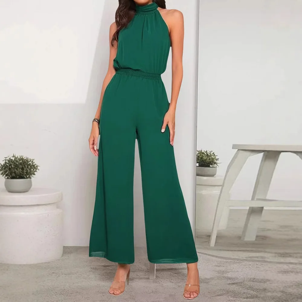 

New hot-selling casual solid color vintage style temperament commuting style women's halter neck sleeveless wide-leg jumpsuit