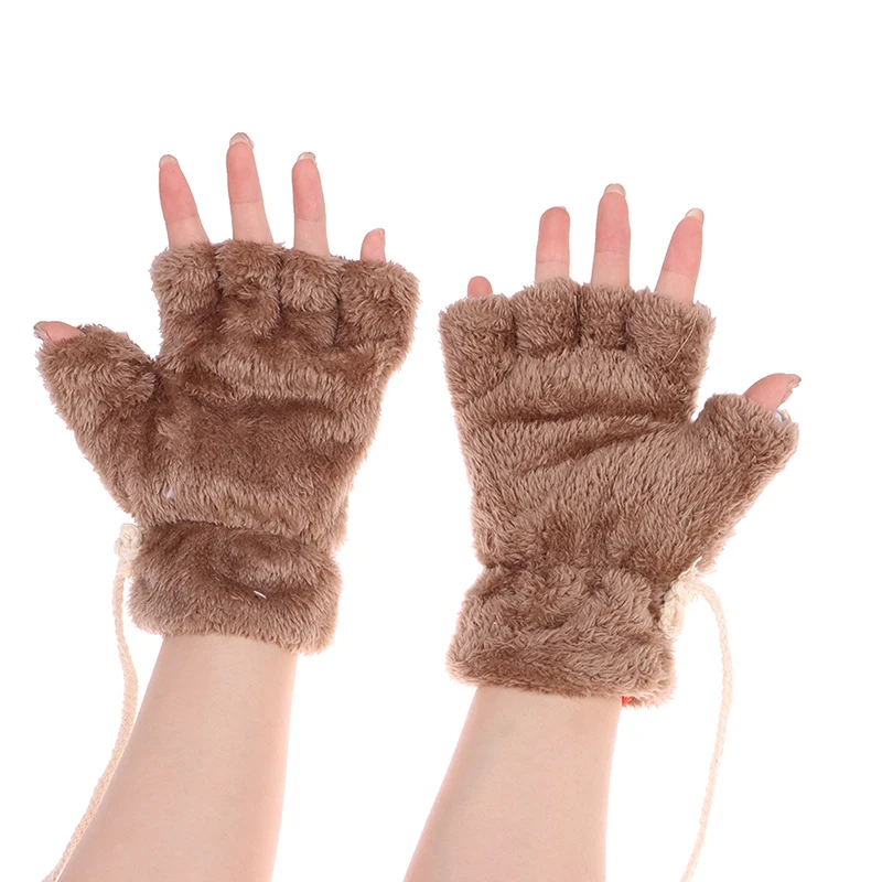 Cute Cat Paw Fluffy Claw Fingerless Gloves Warm Soft Plush Fingerless Panda Glove Half Finger Women Winter Wear Christmas Gifts