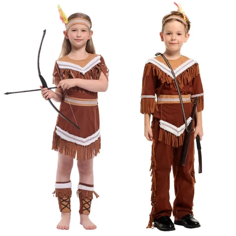 Umorden Kids Native Indian Princess Huntress Costume for Girls Child Indian Prince Hunter Costumes for Boys Halloween Dress Up