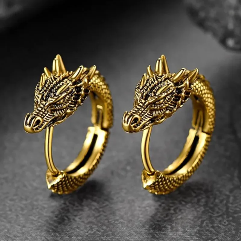 Huitan Personality Chinese Dragon Hoop Earrings for Women/Men Antique Metal Color Hip Hop Cool Guys Loong Earrings Hot Jewelry