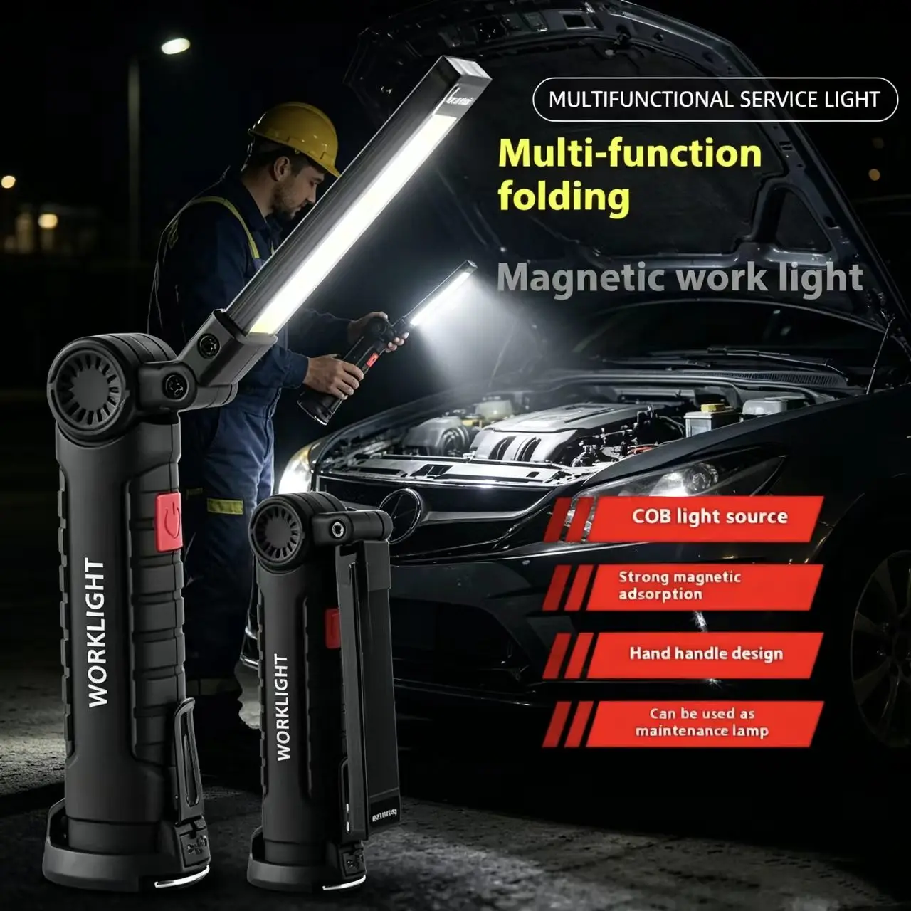 High Power  Flashlight Work Magnetic Base Hook COB LED USB Rechargeable Torch 5 Modes 360°Rotating Portable Handheld Lantern