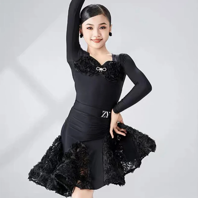 Girls Latin Dance Dress, Manga Comprida, Flor, Branco, Preto, Crianças, Cha Cha, Rumba Performance Costume, Roupas de Dança, DNV18843