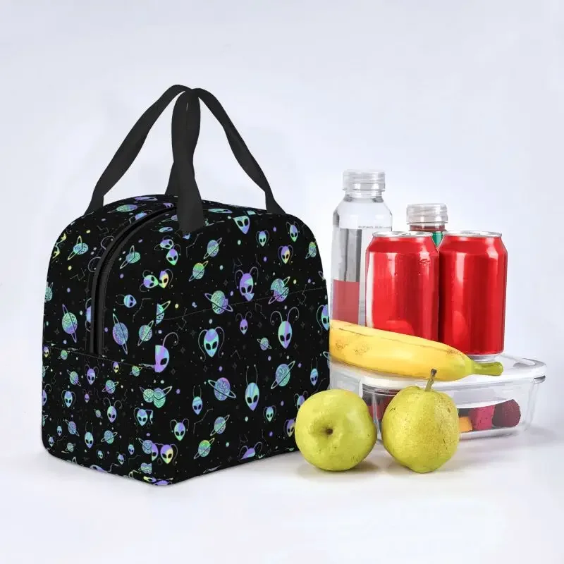 Holographic Alien Universe Cosmos With Planet And Stars Insulated Lunch Bag Portable Cooler Thermal Lunch Box Women Kids