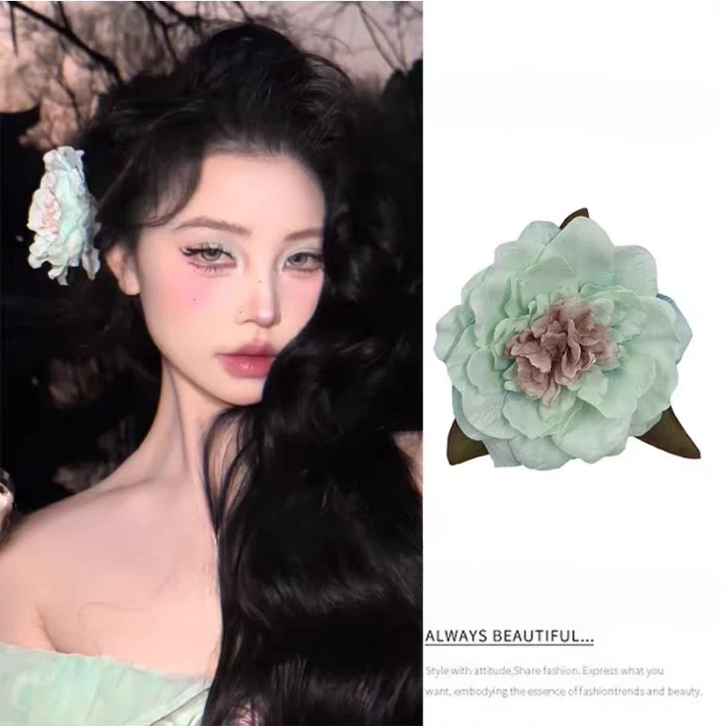 Simulated Green Flower Hair Clip with Seaside Hair Accessories on The Side Fake Flower Du Dan Hair Clip Headdress Flower