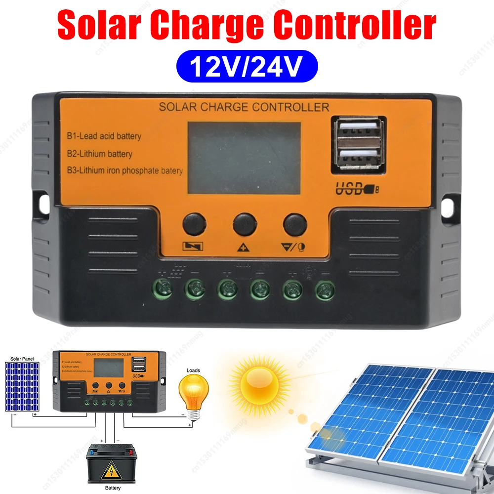 Solar Panel Battery Regulator 12V/11.1V/12.8V with LCD Display USB Port Timer Setting for Sealed Gel AGM Flooded Lithium Battery