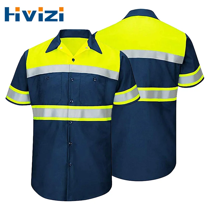 two tone high visibility camisa reflexiva para homens desgaste do trabalho de seguranca desgaste da construcao 100 algodao oi vis tamanho s4xl 01