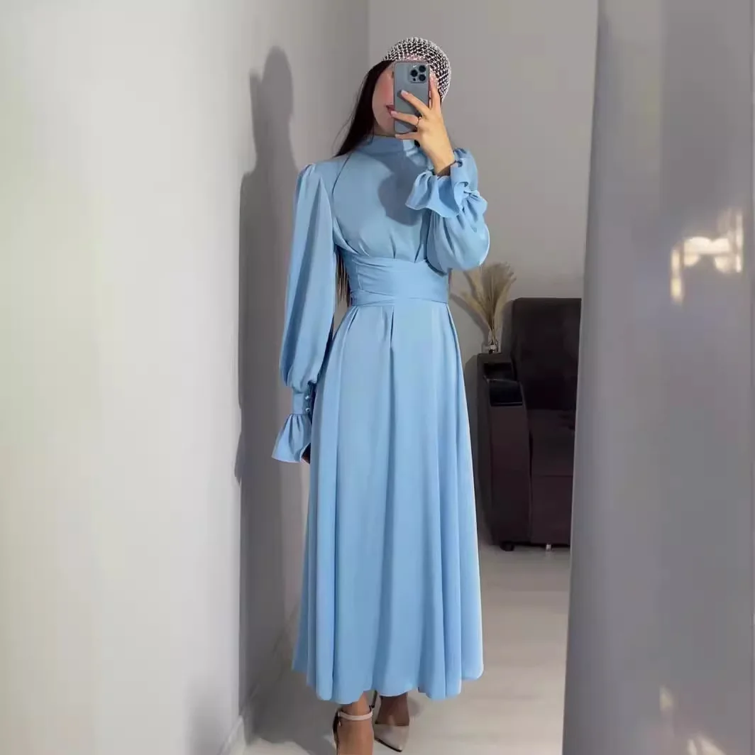 Spring Summer Fashion Satin A-line Dress Muslim Women Elegant Solid Long Sleeved High Waist Satin Long Dress Women