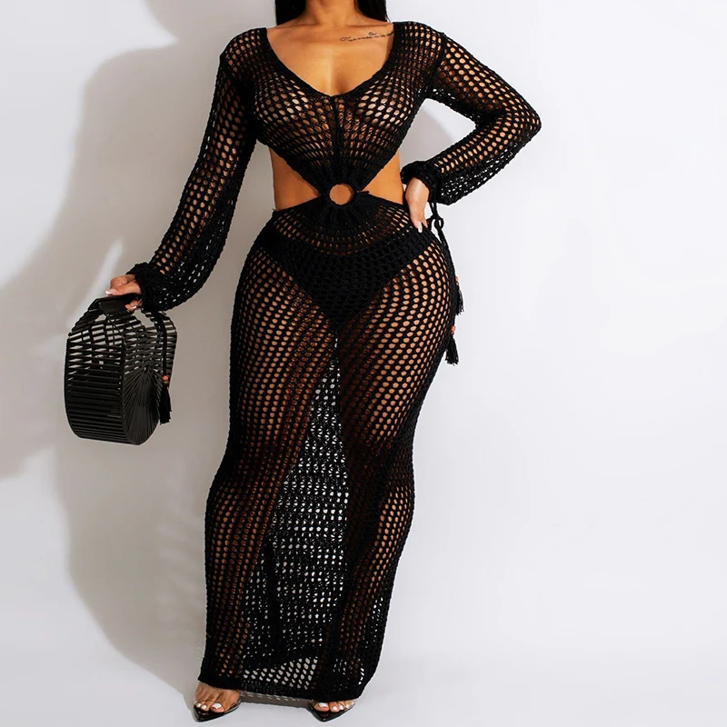

DEKA New Sexy Knit Mesh Cut Out Deep V Neck Long-sleeve Lace-up Fringe Tunic Summer Women Swimsuit Cover-ups Beach Maxi Dress