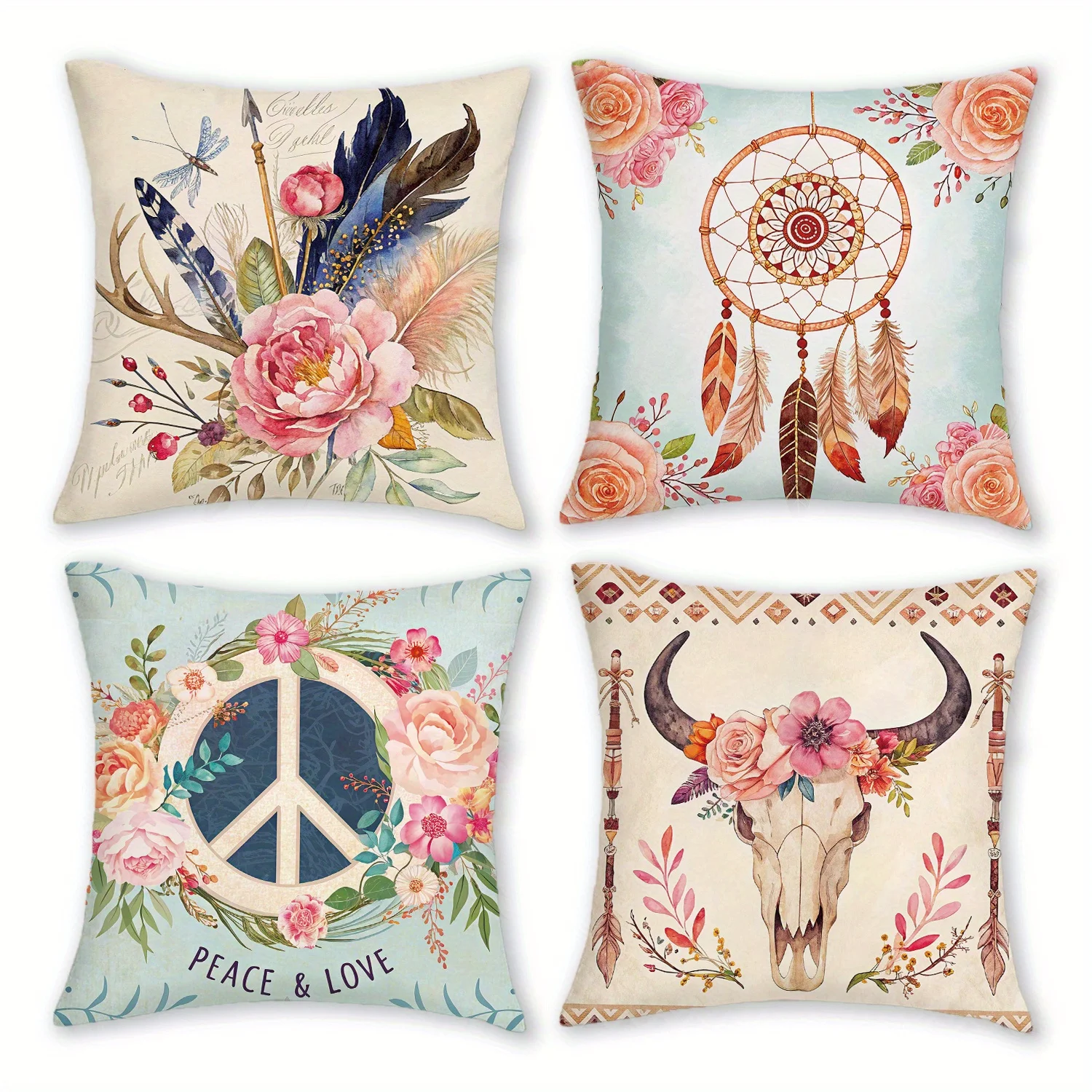 4pcs Boho Chic Throw Pillow Covers, 18x18 Inch, Featuring Animal Skulls, Dream Catchers, Feathers & Arrows - Soft Short Plush, Z
