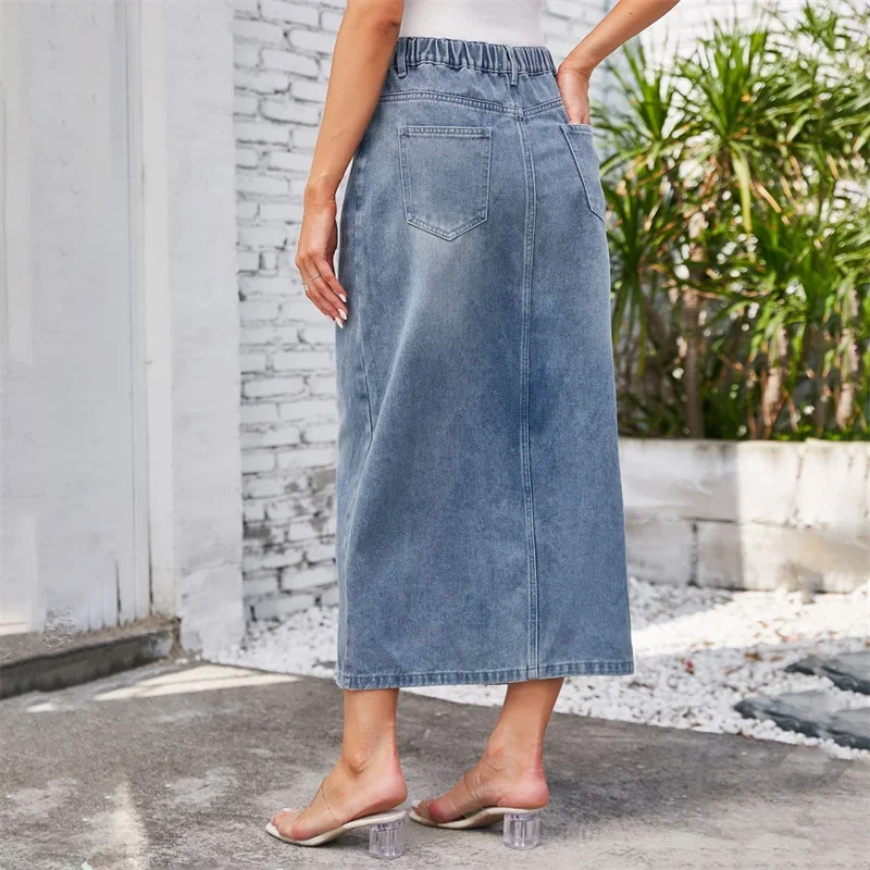 Rok Denim elastis untuk wanita, pakaian jalanan wanita, rok Denim setengah tubuh, pinggang elastis, modis, Hem terbelah depan, kasual, komuter