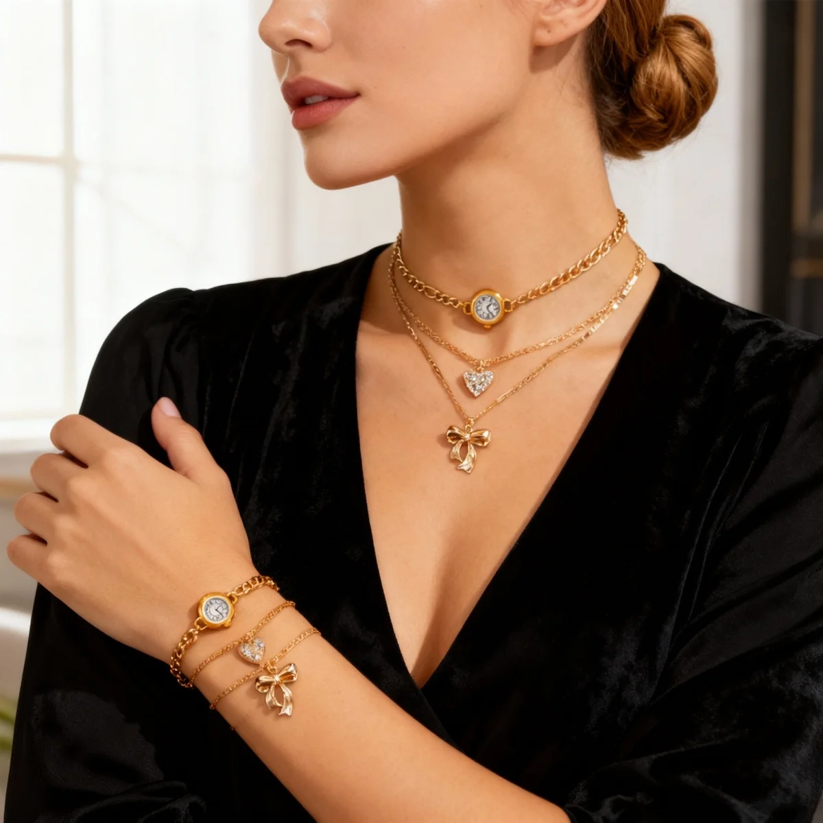 العصرية مطعمة حجر الراين Bowknot القلب ساعة على شكل قلادة قلادة أساور مجموعة للنساء الرجال لذيذ القوس مجموعة مجوهرات على شكل قلب