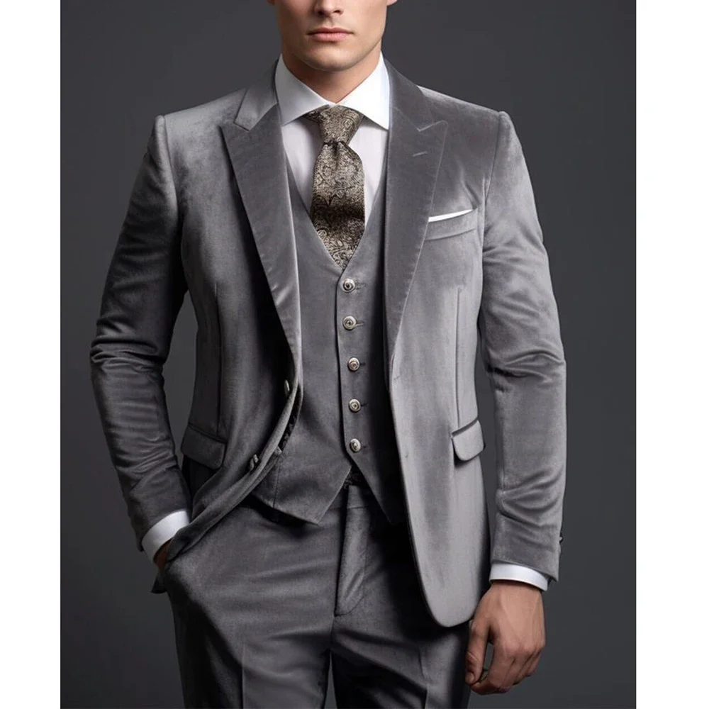 Velvet Suits for Men Single Breasted Wedding Tuxedo Groom Peak Lapel Slim Fit 3 Pieces Grey Formal Suit Jacket with Pants Vest