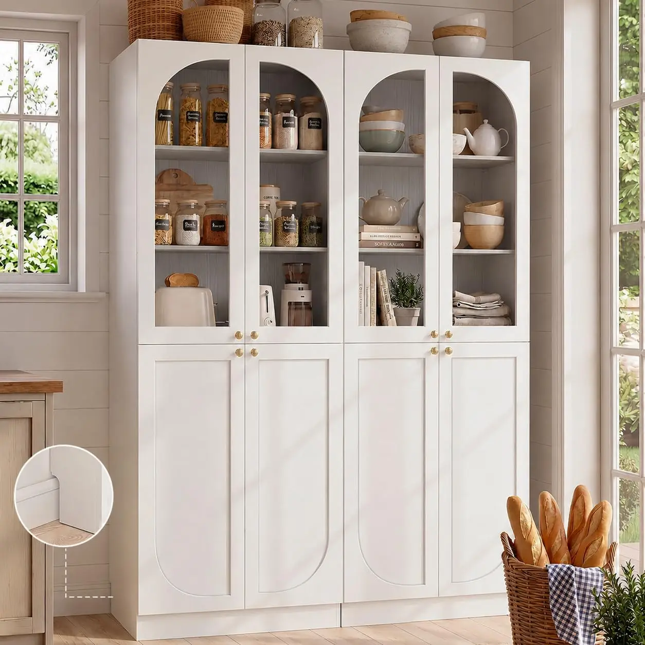 Tall Arch Storage Cabinet, Freestanding Wood Floor Cupboard Bookcase with Seamless Fit Wall for Dining Living Room, Bathroom