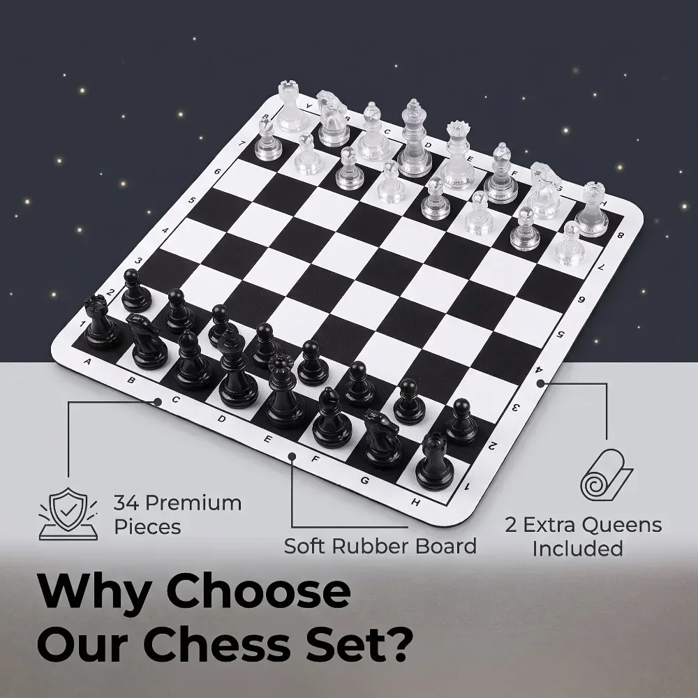 34pcs Chess Set (Including 2 Spare Queens), Transparent And Black Chess Pieces, Soft Rubber Roll-Up Chessboard