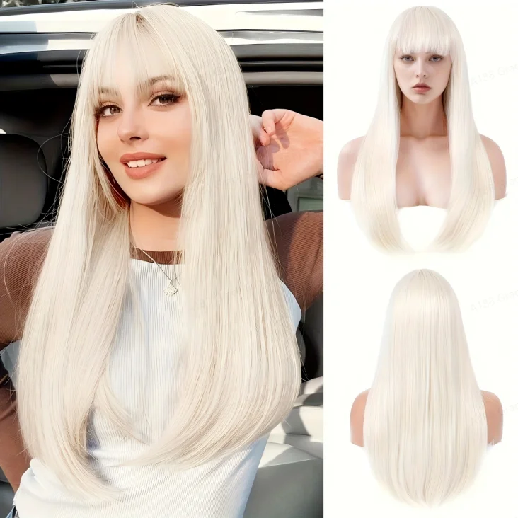 

Long Straight White Platinum Synthetic Wigs with Bangs for Women White Ash Cosplay Lolita Wig Natural Hair Heat Resistant Fiber