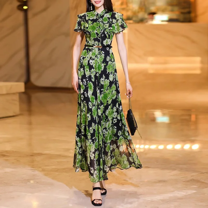 

New Women Summer Print Long Dress Fashion Stand Collar Butterfly Sleeve Slim Waist Floral Dress Elegant Flowing Chiffon Dress