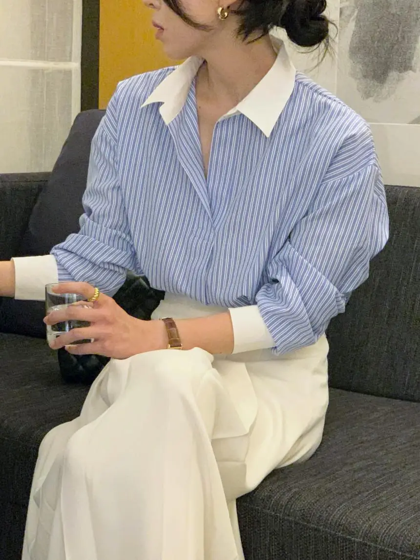 Casual Stripe Long Sve irt Women's Early Autumn ดีไซน์ใหม่ Small ence Faionable Ladies Premium irt