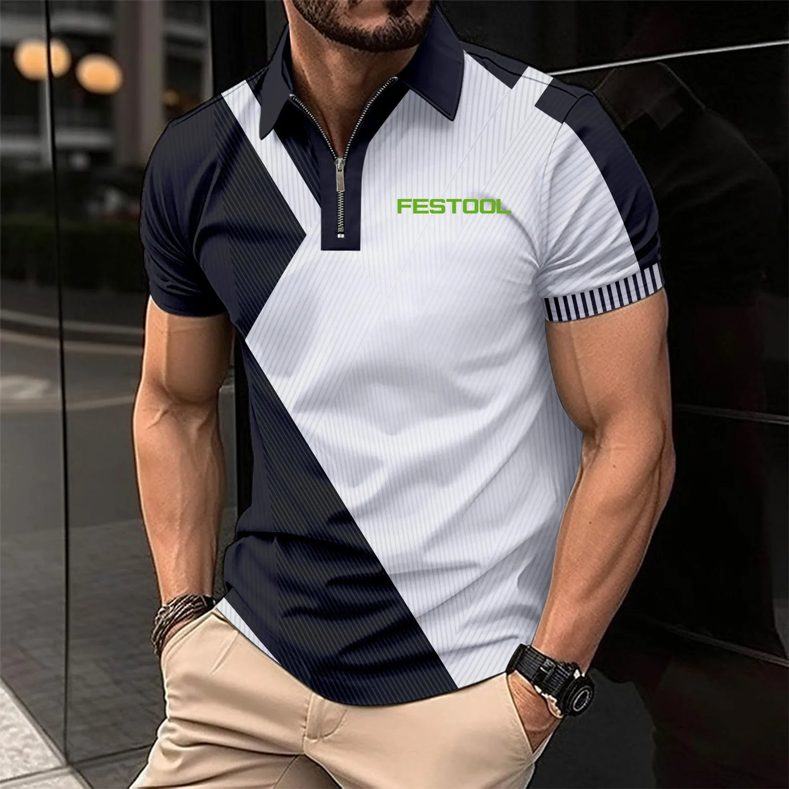 Comfortable cool men's POLO shirt summer boom fashion shirt Festool tools print Color contrast lapel Oversized T-shirt