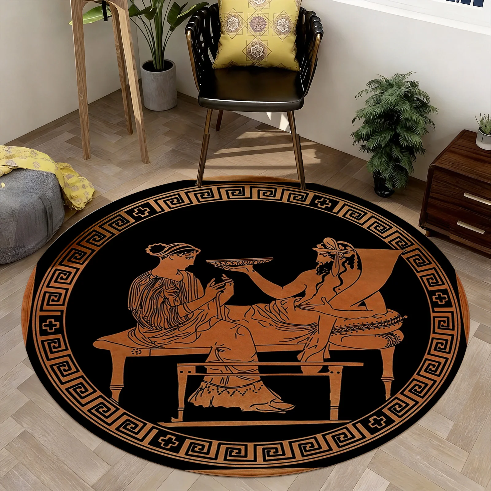 Round Greek Key Meander Area Rug Black and Orange Classical Mediterranean Boho Style Floor Mat Circular Tapestry Home Decor Acce