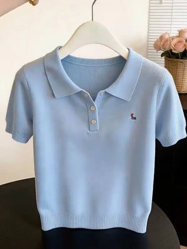 

Женская модная летняя футболка Slim Fit с коротким рукавом, синяя, в корейском стиле, для повседневной носки и прогулок по городу.