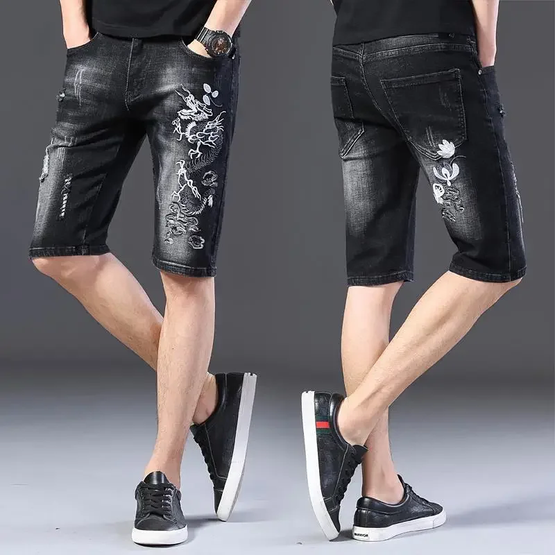 Men's Short Jeans Pants Bermuda Long Embroidery Male Denim Shorts Half Black Cowboy With Youthful Emo Rude Popular Trend 2024