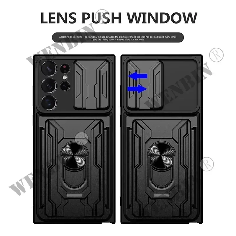 Case For Redmi Note 13 12 11 Pro Poco X6 Pro Xiaomi 13T Pro Slide Stand Ring 360 Magnetic Camera Military Grade Card Slot Cover