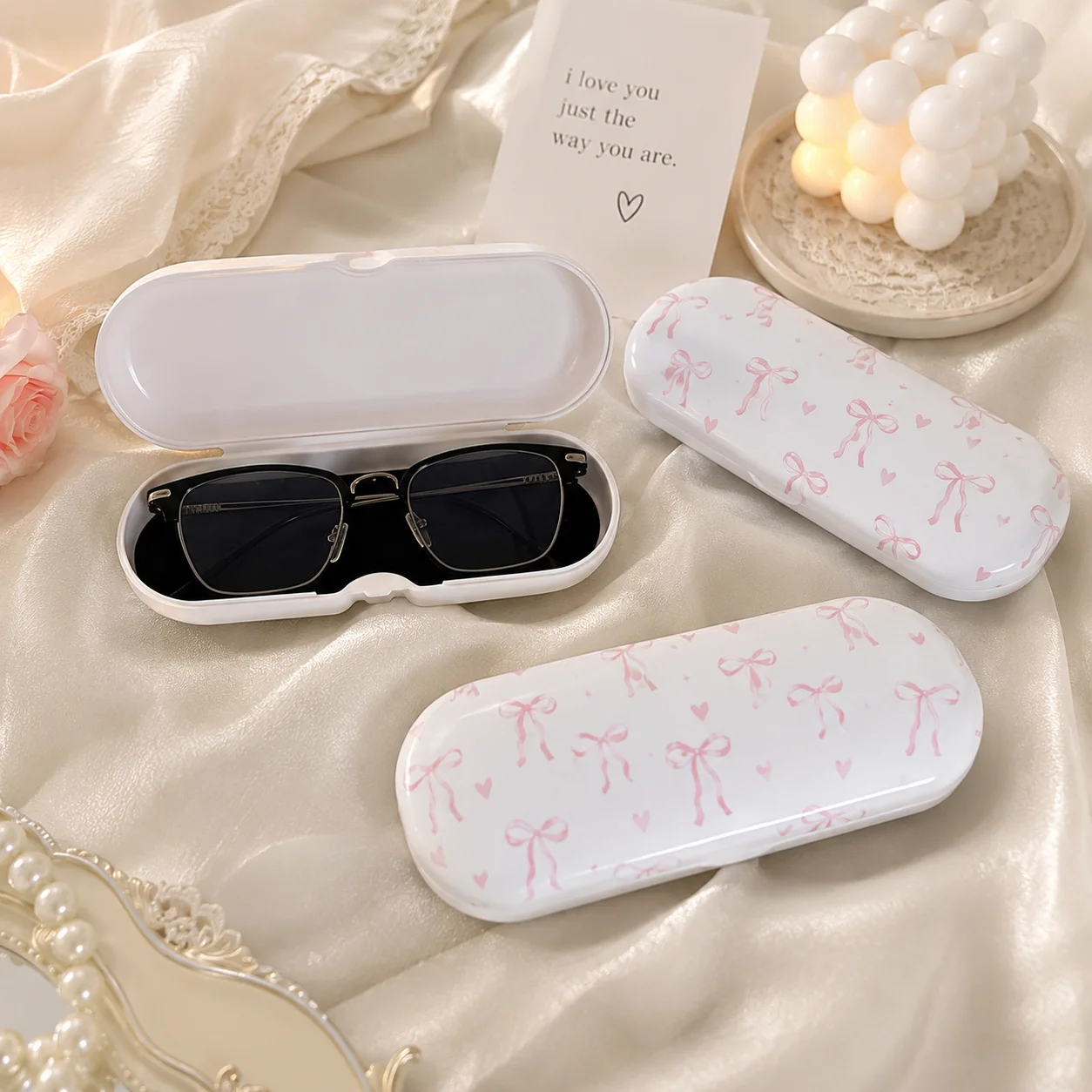 Cute Pink Bow Hard Eyeglasses Case, Portable Protective Glasses Storage Box for Women Girls, Travel Handbag Daily Use - view 2