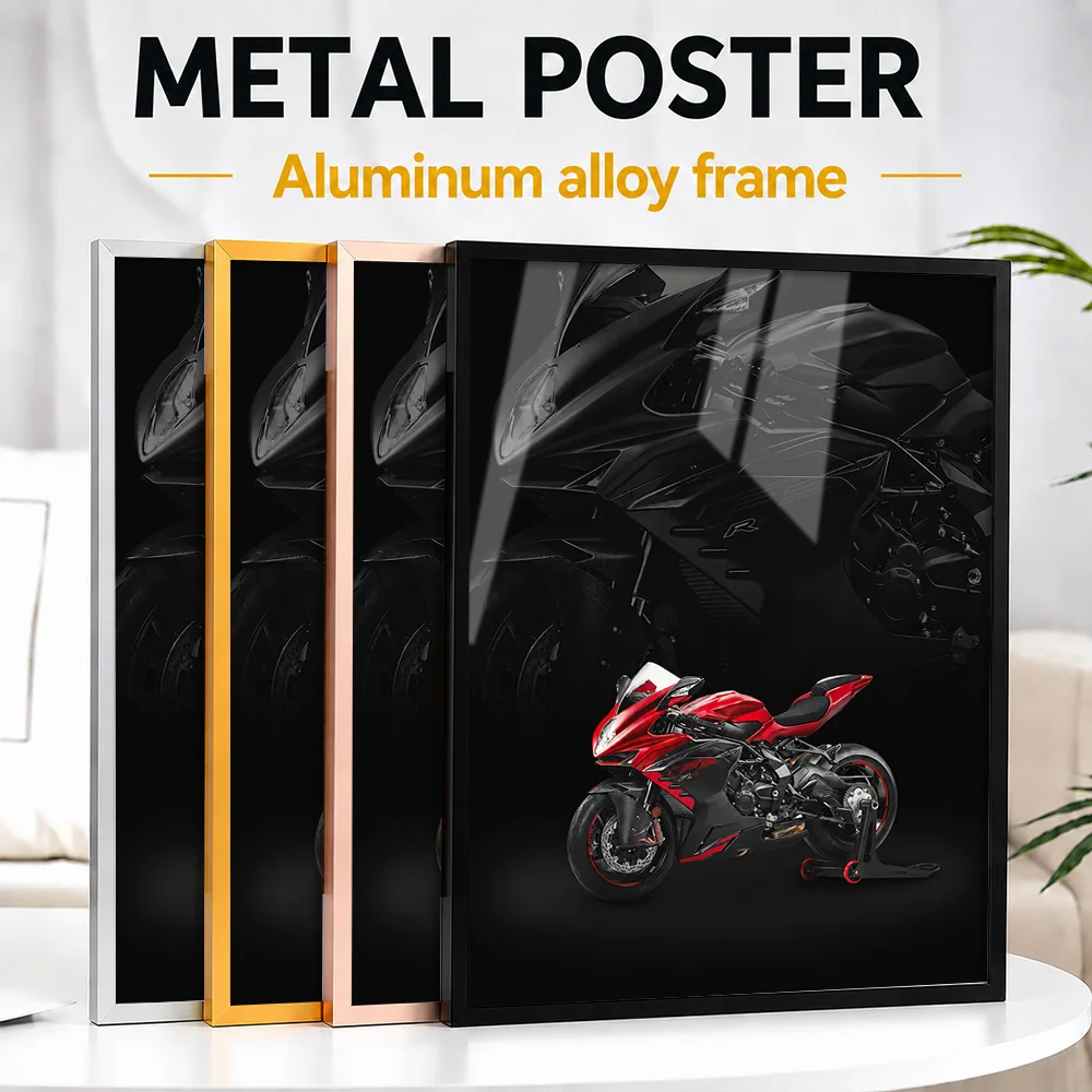 Red Italian F3 RR Motorcycle Framed Metal Poster Customized Dark Collage Wall Art For Riding Clubhouse, Motorcycling Fan Gift
