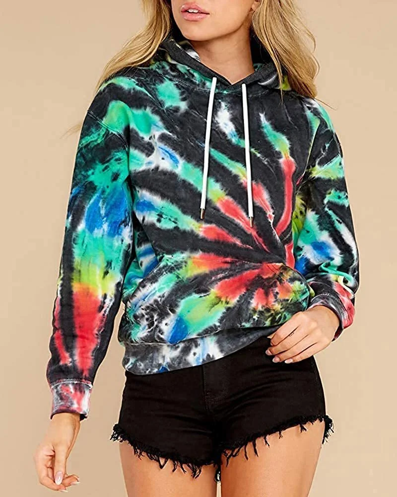 2024 Amazon Wish Cross border Spring, Autumn, and Winter New Women\'s Top Tie Dyed Hooded Long Sleeve Pocket Sweater for Europe a