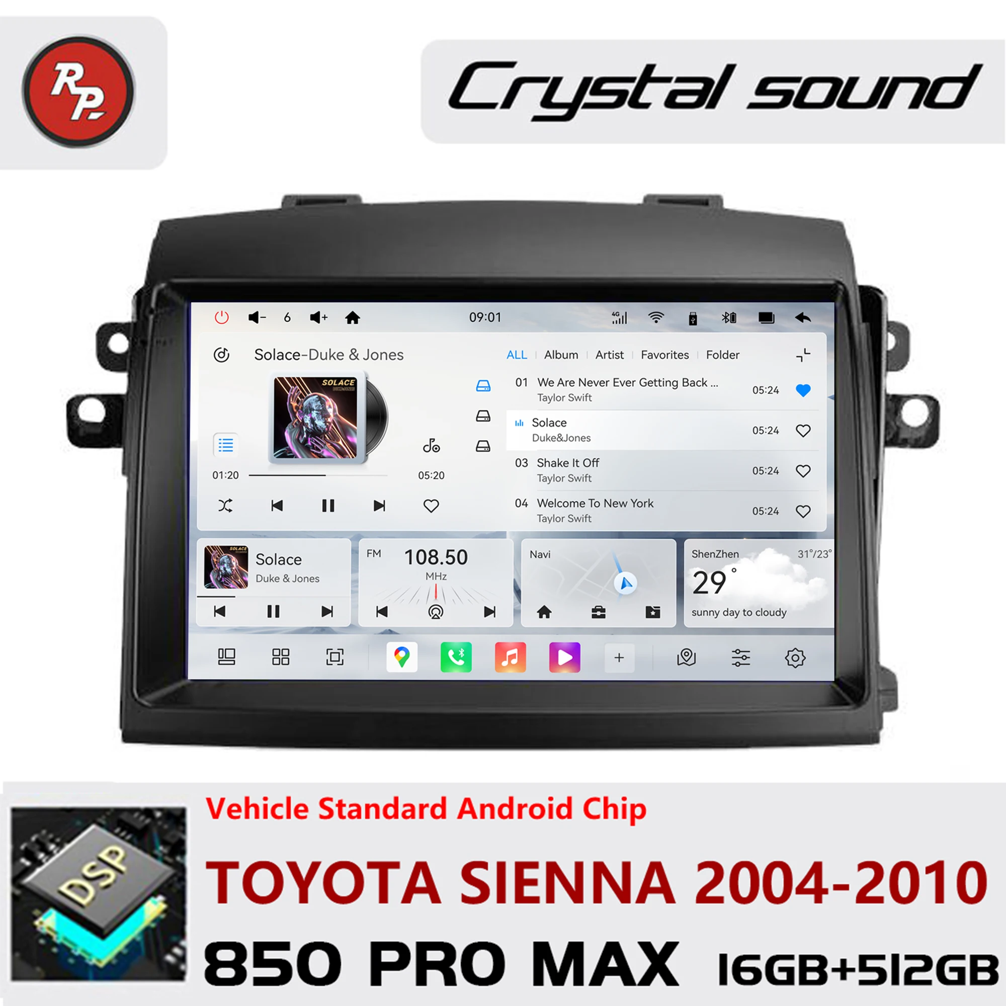 

Redpower Crystal Sound 850 Pro Max Android Car Radio Player Screen for Toyota Sienna 2004-2010 CarPlay Bluetooth Hi-Fi