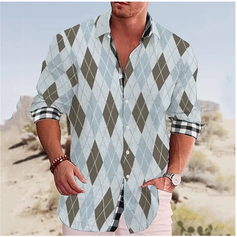 Fashion Men\'s Shirt Check Pattern Printed Geometric Lapel Shirt Outdoor Street Long Sleeve Streetwear Designer Casual S-6XL