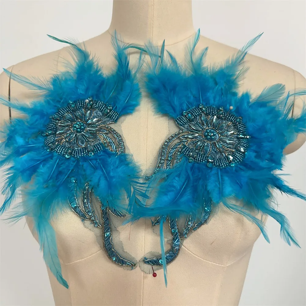 Artificial Feather beaded embroidery Appliques For Wedding Dresses Bridal Crystal Accessories DIY Craft Supplies