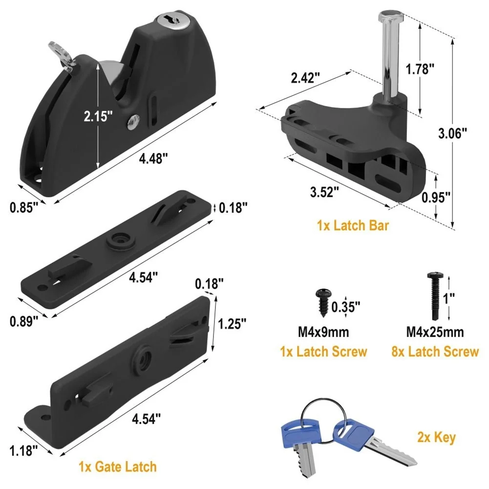 Key Lock Gate Latch for Exterior Fence Applications Supporting Both Vertical and Horizontal Installation Options