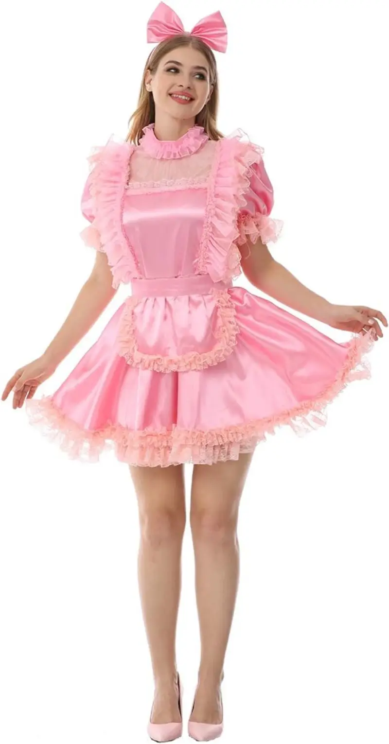 Sweet Pink Sheer Pleated Front with Smooth Satin Short Sleeved Lace Lock Edge Independent Apron Fetishistic Sissy Dress